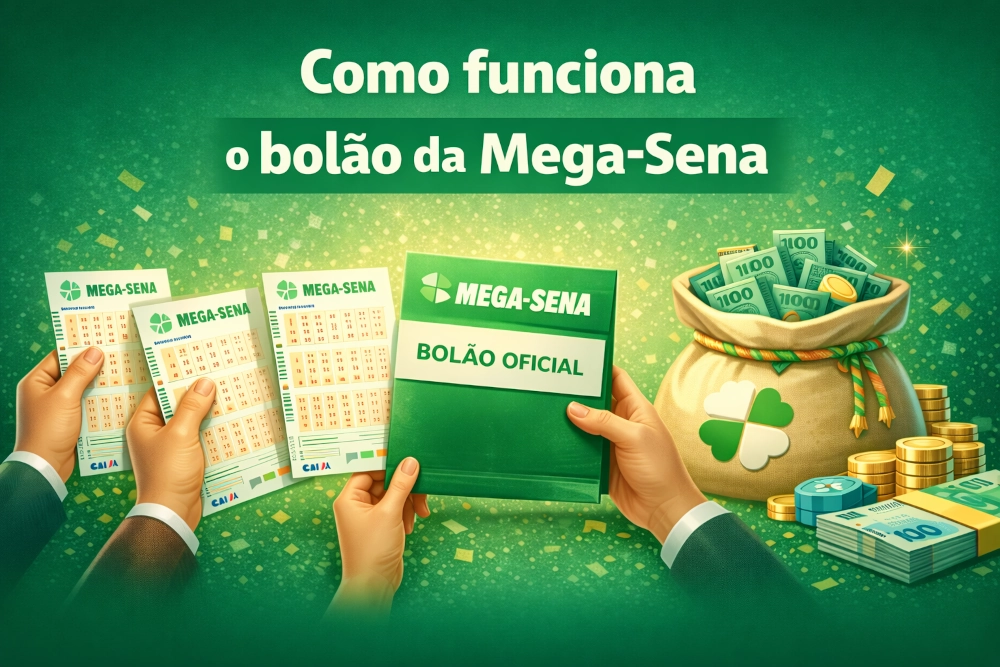 Bolão da Mega-Sena com bilhetes, envelope de bolão oficial, dinheiro, moedas e composição horizontal informativa em tons de verde
