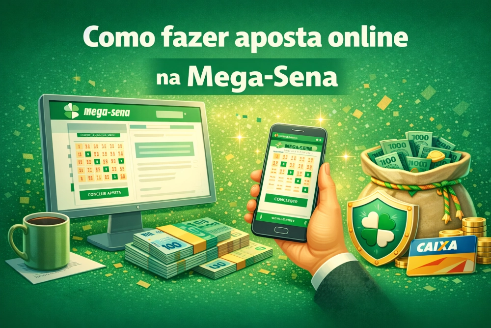 Aposta online da Mega-Sena com computador, smartphone, dinheiro, cartão da CAIXA e composição horizontal digital em tons de verde