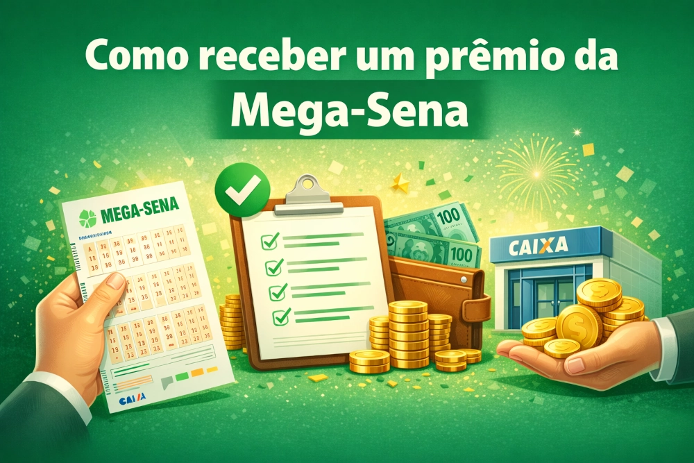 Como receber prêmio da Mega-Sena com bilhete premiado, checklist, dinheiro, agência da CAIXA e composição horizontal em tons de verde