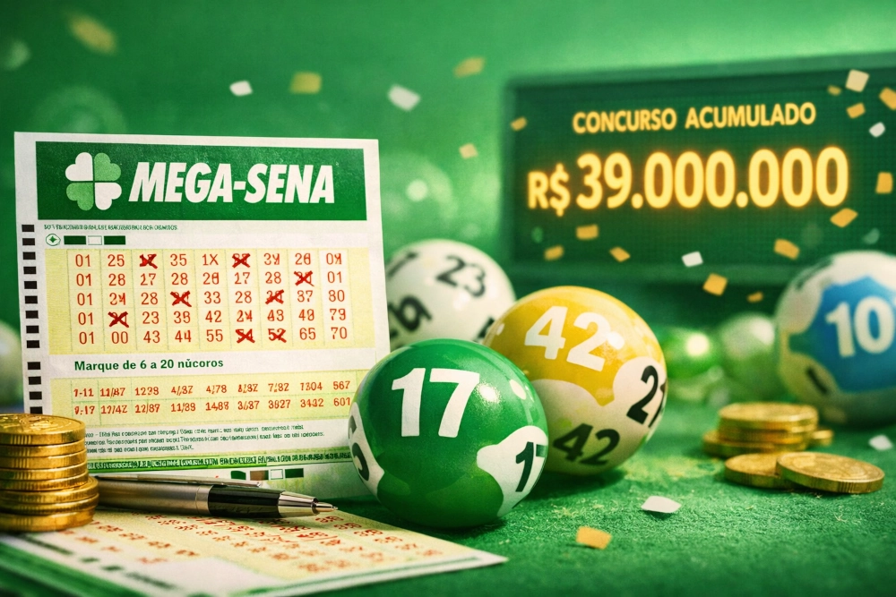 Bilhete da Mega-Sena com dezenas, bolas numeradas e destaque para sorteio em fundo verde