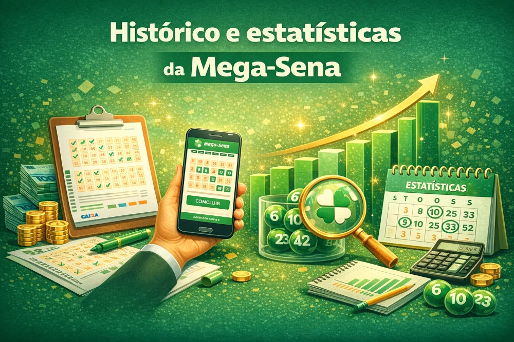 Histórico e estatísticas da Mega-Sena com gráficos, calendário, dezenas, lupa e composição horizontal analítica em tons de verde