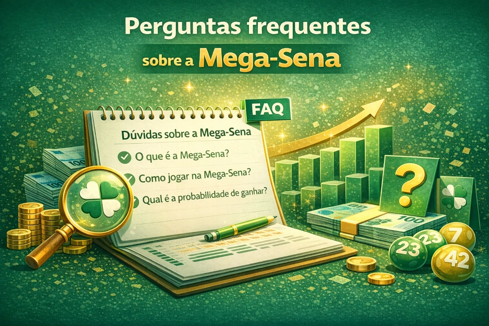 Perguntas frequentes sobre a Mega-Sena com caderno de dúvidas, lupa, dezenas, dinheiro e composição horizontal informativa em tons de verde
