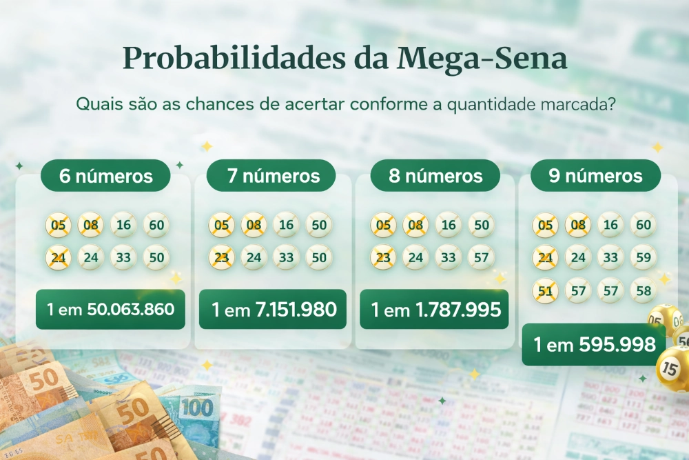 Probabilidades da Mega-Sena com comparação visual entre apostas de 6, 7, 8 e 9 números em layout horizontal verde