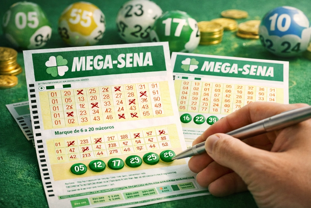 Resultado da Mega-Sena com bilhete, dezenas sorteadas e elementos de loteria em composição horizontal verde