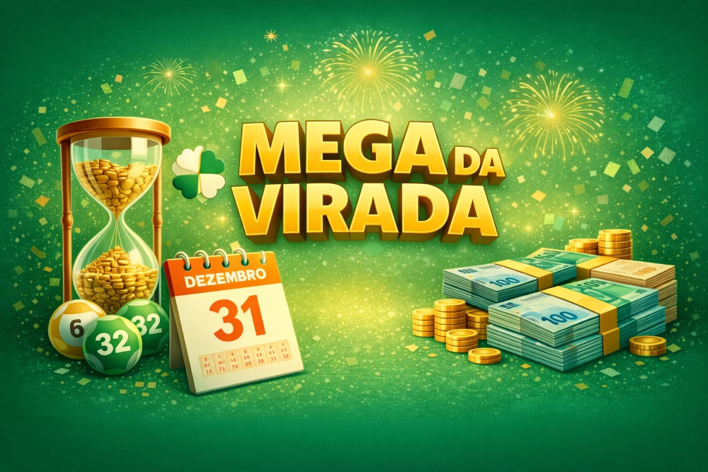 Mega da Virada com ampulheta dourada, calendário de 31 de dezembro, dinheiro, moedas e composição horizontal festiva em tons de verde